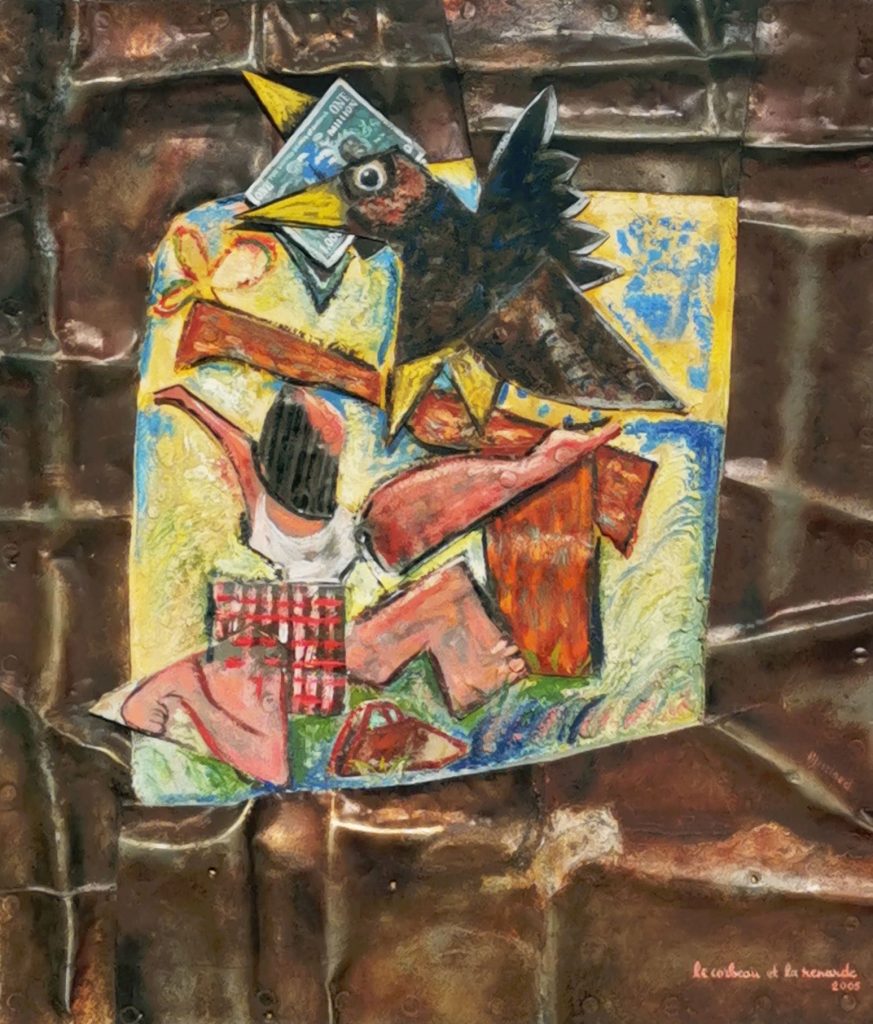 Le Corbeau Et La Renarde — Peinture acrylique sur bois et métal. Entourage métal patiné, H: 80 × 57, œuvre de Daniel Blaclard (BLACDAN)