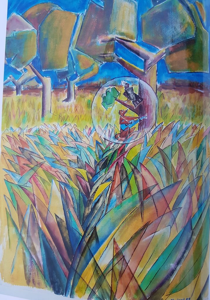 Le corbeau et le renard hautes herbes — Peinture acrylique sur papier, 76cm x 56cm, œuvre de Daniel Blaclard (BLACDAN)