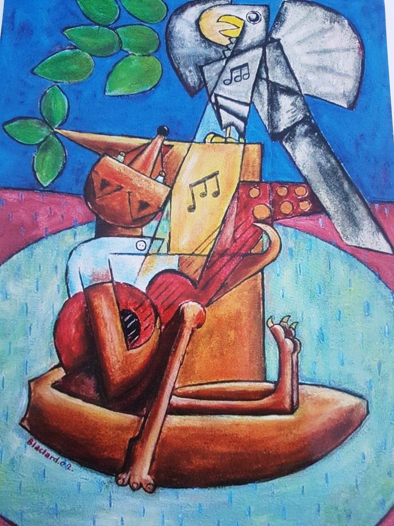 Le corbeau et le renard — Acrylique et sable sur toile, 1m x 0.75m, œuvre de Daniel Blaclard (BLACDAN)