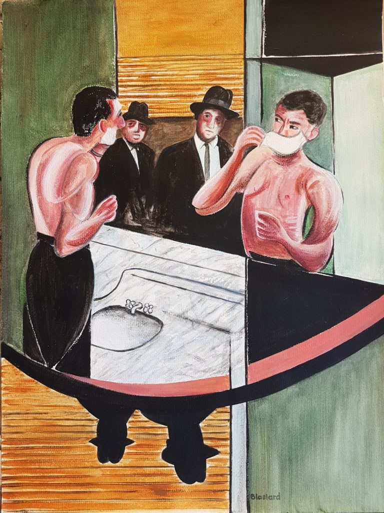 Dans le miroir. — Peinture acrylique sur papier, 56cm x 42cm, œuvre de Daniel Blaclard (BLACDAN)