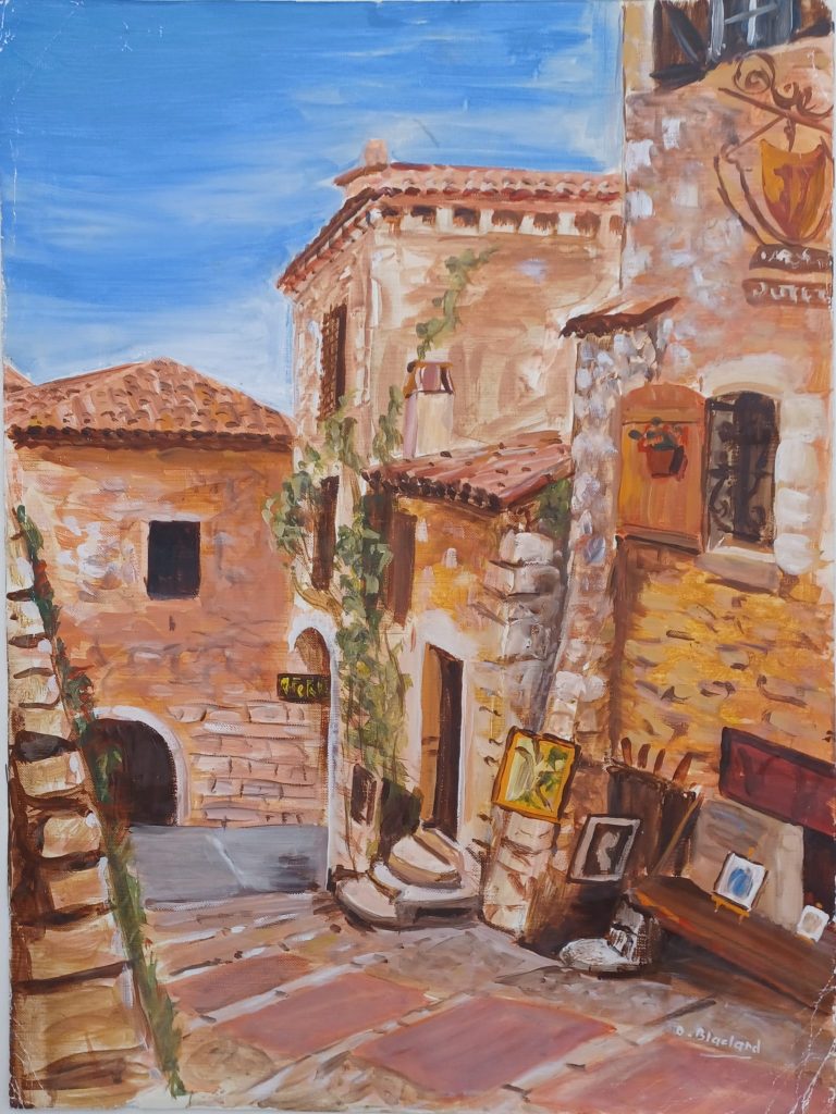 Rue d&rsquo;Eze — Acrylique sur papier, 48cm x 36 cm, œuvre de Daniel Blaclard (BLACDAN)