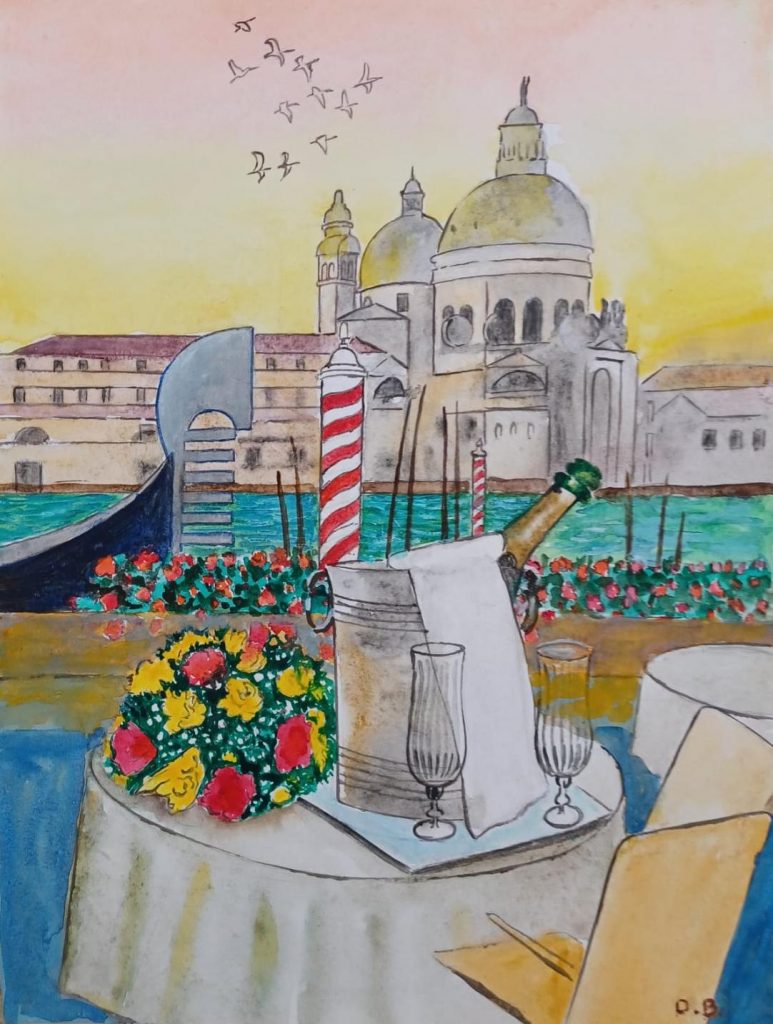 Champagne à Venise — Acrylique sur papier, 32cm x 24cm, œuvre de Daniel Blaclard (BLACDAN)