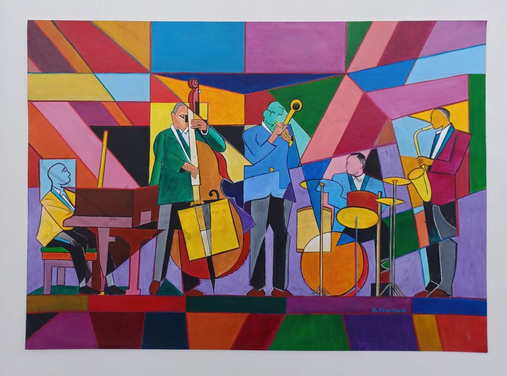 Cinq musiciens — Peinture acrylique sur papier, 70 cm x 50 cm, œuvre de Daniel Blaclard (BLACDAN)