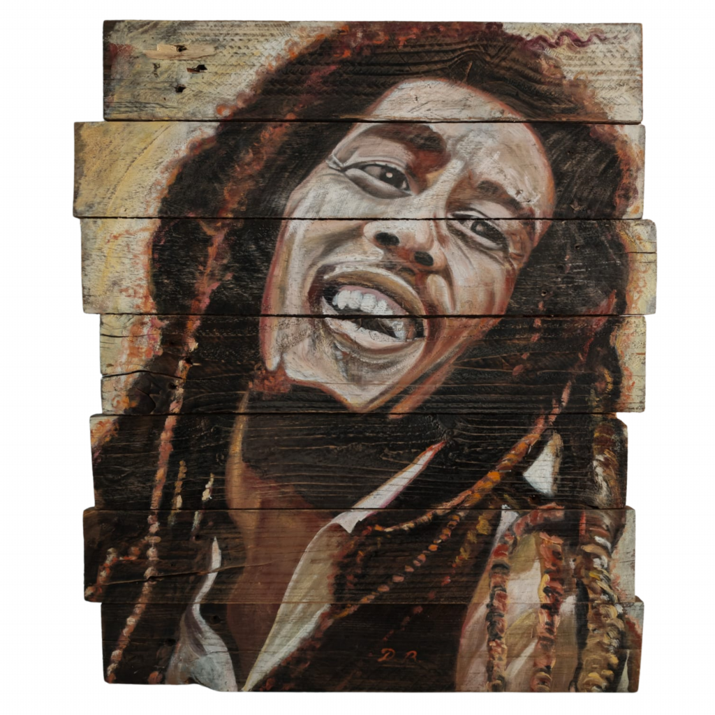 Bob Marley — Peinture acrylique sur planches de palettes, 67 cm x 57 cm, œuvre de Daniel Blaclard (BLACDAN)
