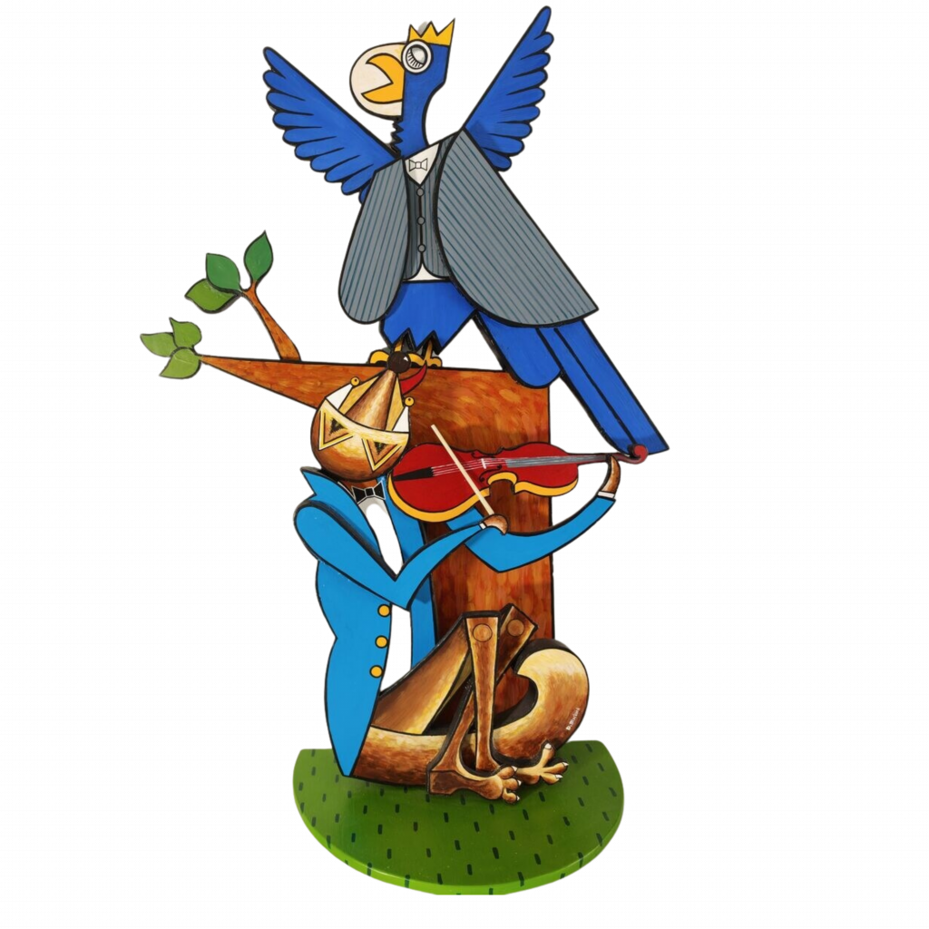 Le Corbeau et le Renard (Grande Sculpture) — Polyuréthane découpé et assemblé. peinture acrylique, 80 cm x 57 cm, œuvre de Daniel Blaclard (BLACDAN)