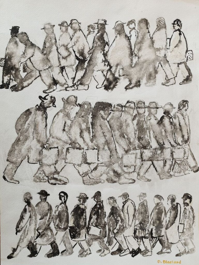 Hommes d’affaires 3 rangs — Encre sur papier, 56cm x 42cm, œuvre de Daniel Blaclard (BLACDAN)