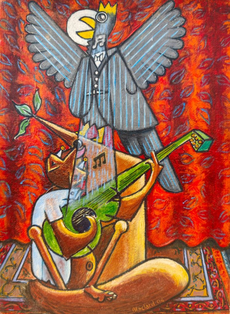 Le corbeau et le renard sur tapis — Peinture à l'huile sur toile, 21,7cm x 16cm, œuvre de Daniel Blaclard (BLACDAN)