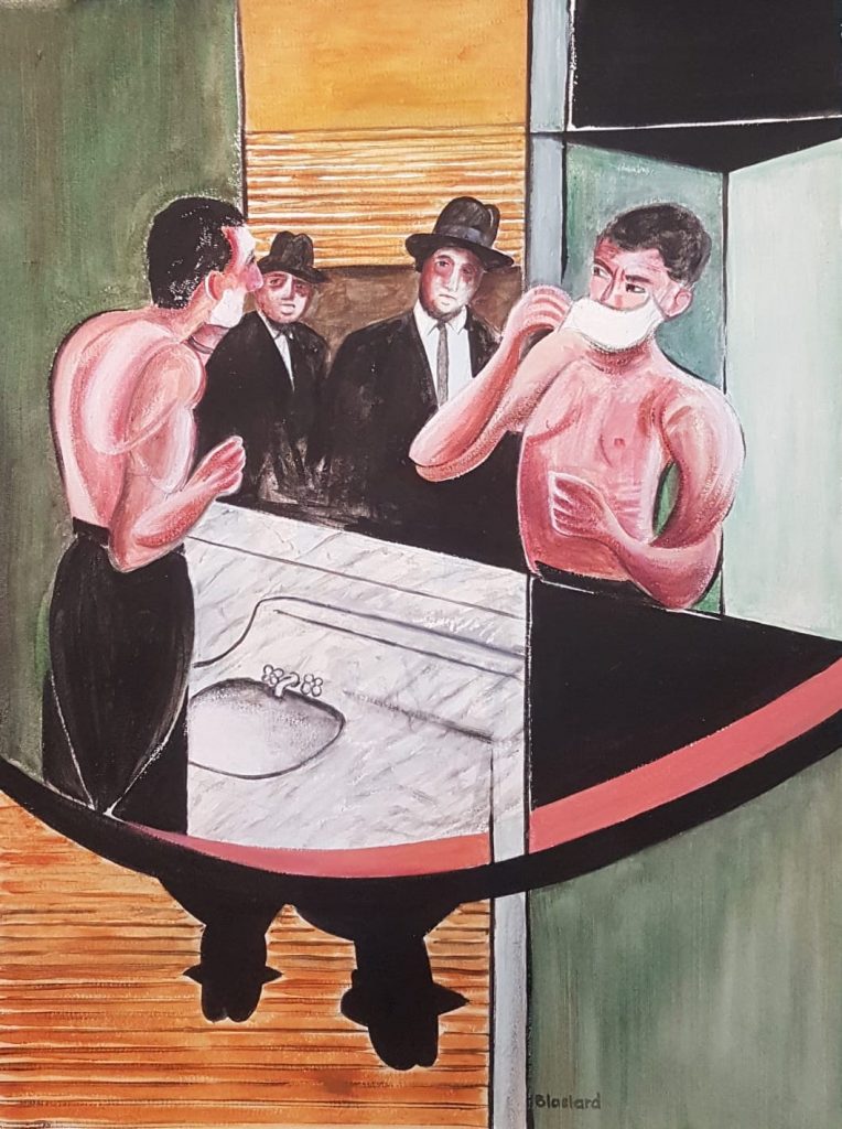 Dans le miroir. — Peinture acrylique sur papier, 56cm x 42cm, œuvre de Daniel Blaclard (BLACDAN)