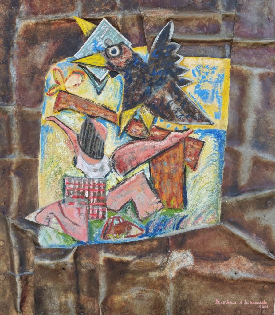 Le Corbeau Et La Renarde — Peinture acrylique sur bois et métal. Entourage métal patiné, H: 80 × 57, œuvre de Daniel Blaclard (BLACDAN)