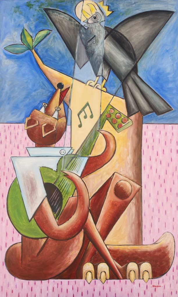 Le corbeau et le renard herbe rose — Huile sur toile, 1m 46 x 0.89m, œuvre de Daniel Blaclard (BLACDAN)