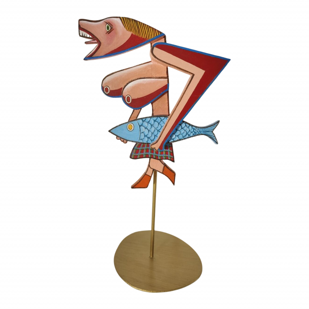Retour du marché — Bois découpé, assemblé, peinture acrylique. Pied et socle peint doré, H: 39.8 cm × 29,5 cm x ép  3.8 cm, œuvre de Daniel Blaclard (BLACDAN)