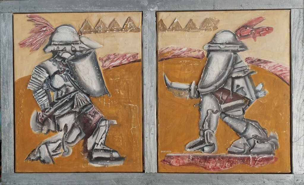 2 Gladiateurs — 2 tableaux: Peinture acrylique et mixte sur toile, 1m x 0,75, œuvre de Daniel Blaclard (BLACDAN)