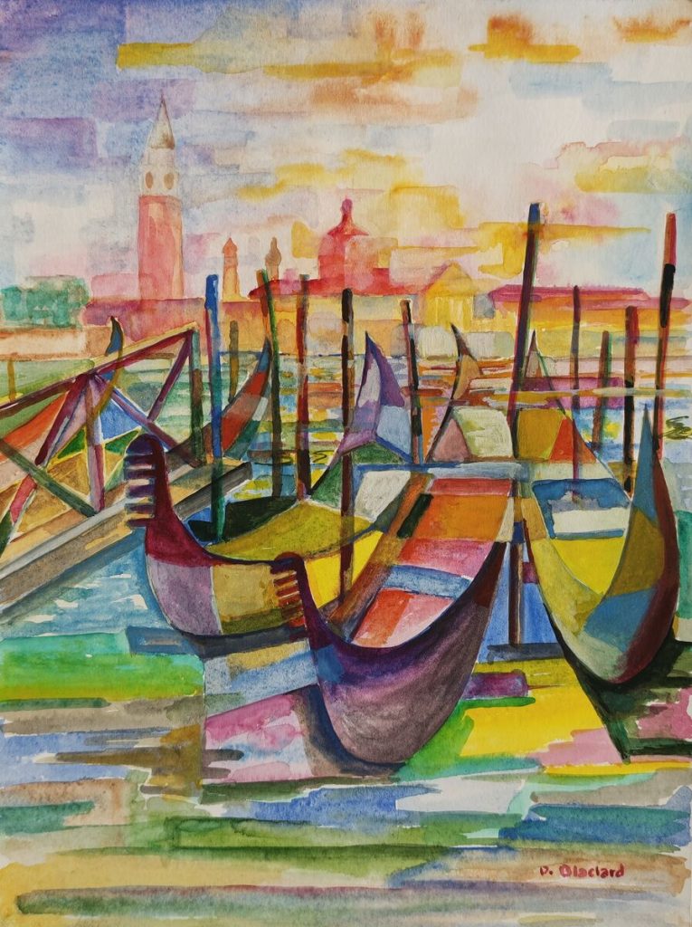 3 gondoles — Peinture acrylique sur papier, 32cm x 24cm, œuvre de Daniel Blaclard (BLACDAN)