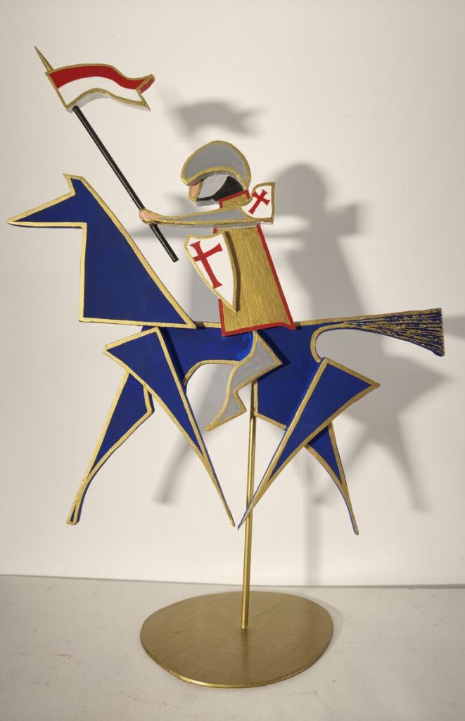 Cavalier templier — Bois découpé, assemblé, peinture acrylique, H: 49.5 cm × 36 cm x ép 4.5, œuvre de Daniel Blaclard (BLACDAN)