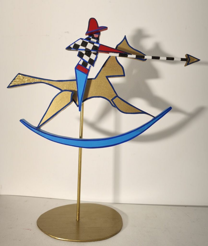 Cheval à bascule — Bois découpé, assemblé, peinture acrylique, H: 39.5 cm × 36 cm x 4.4 cm, œuvre de Daniel Blaclard (BLACDAN)