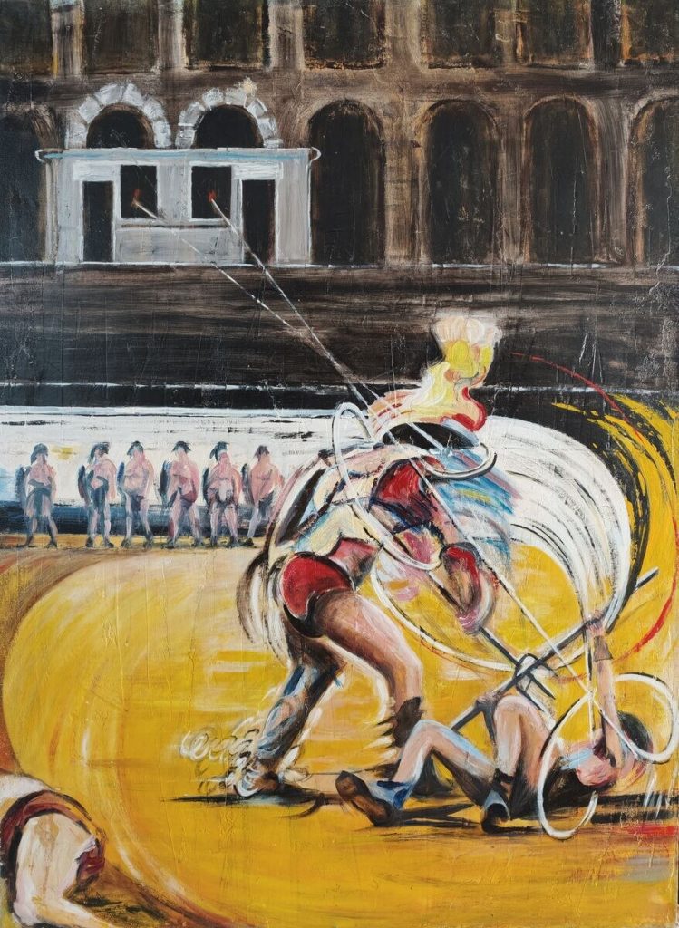 Combat Dans L&rsquo;Arène — Peinture acrylique et mixte sur toile, 1m x 0,75, œuvre de Daniel Blaclard (BLACDAN)