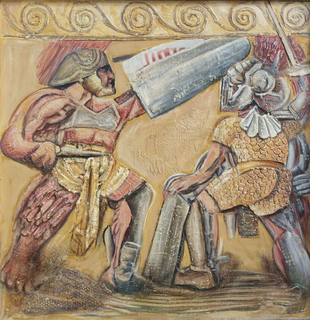 Combat de gladiateurs 1 — Acrylique et mixte sur bois, 1m25 x 1m23, œuvre de Daniel Blaclard (BLACDAN)