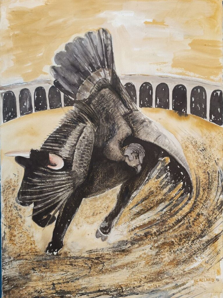 Condor sur taureau — Acrylique, encre et sable sur papier, 76 cm x 56 cm, œuvre de Daniel Blaclard (BLACDAN)