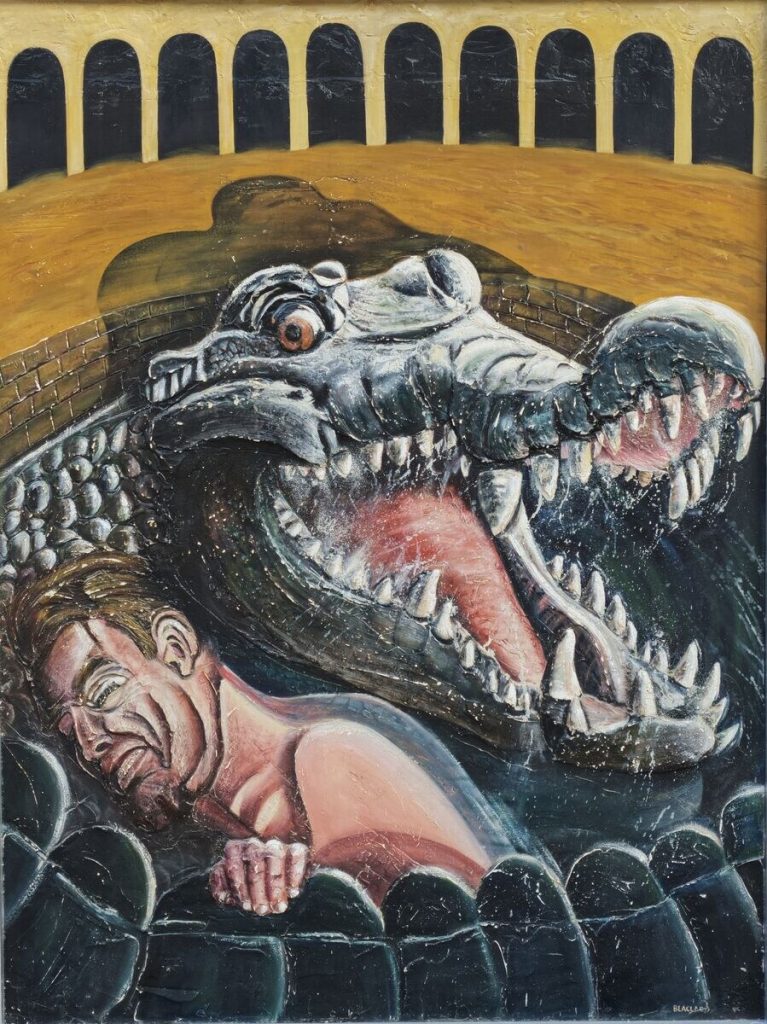 Crocodile et gladiateur — Peinture acrylique et mixte sur bois, 1m55 x 1,15 m, œuvre de Daniel Blaclard (BLACDAN)