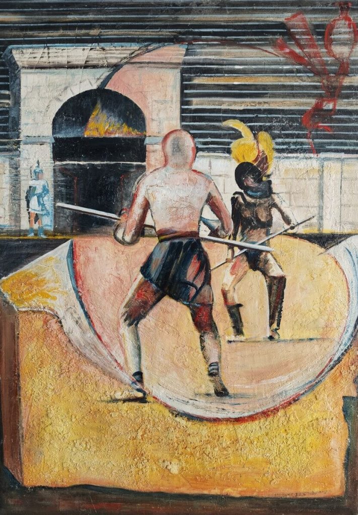 Deux Gladiateurs Dans L&rsquo;Arène — Peinture acrylique et mixte sur toile, 1m x 0,75, œuvre de Daniel Blaclard (BLACDAN)