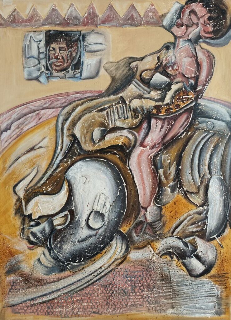 Gladiateur Sur Taureau — Peinture acrylique et mixte sur toile, 1m x 0,75, œuvre de Daniel Blaclard (BLACDAN)