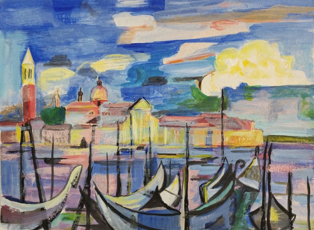 Gondoles bleues — Peinture acrylique sur papier, 32cm x 24cm, œuvre de Daniel Blaclard (BLACDAN)