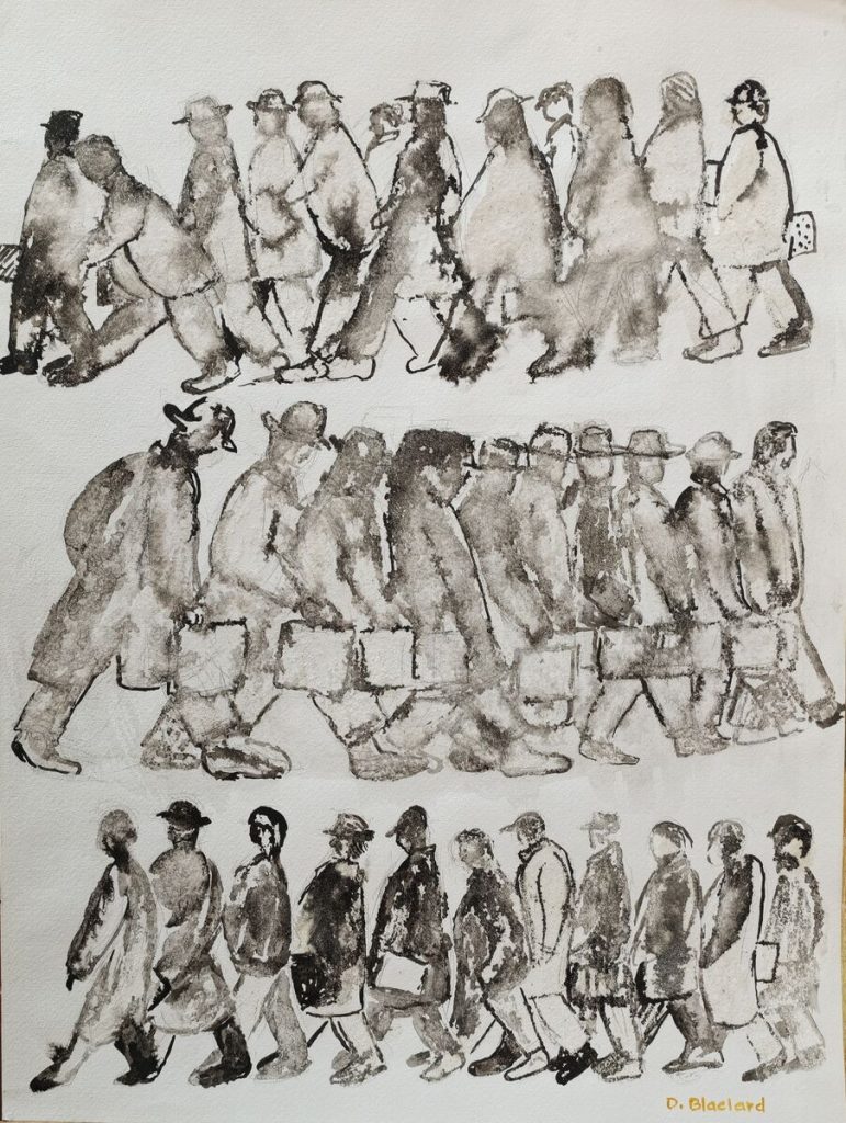 Hommes d’affaires 3 rangs — Encre sur papier, 56cm x 42cm, œuvre de Daniel Blaclard (BLACDAN)