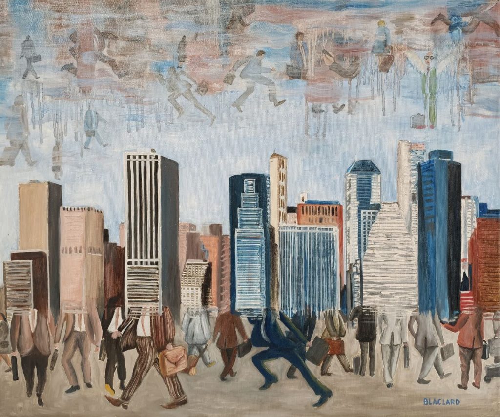 Hommes d’affaires terre et ciel — Huile sur toile, 55cm x 46cm, œuvre de Daniel Blaclard (BLACDAN)
