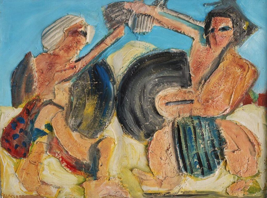 Duel au Bouclier — Peinture acrylique et mixte sur toile, À préciser, œuvre de Daniel Blaclard (BLACDAN)