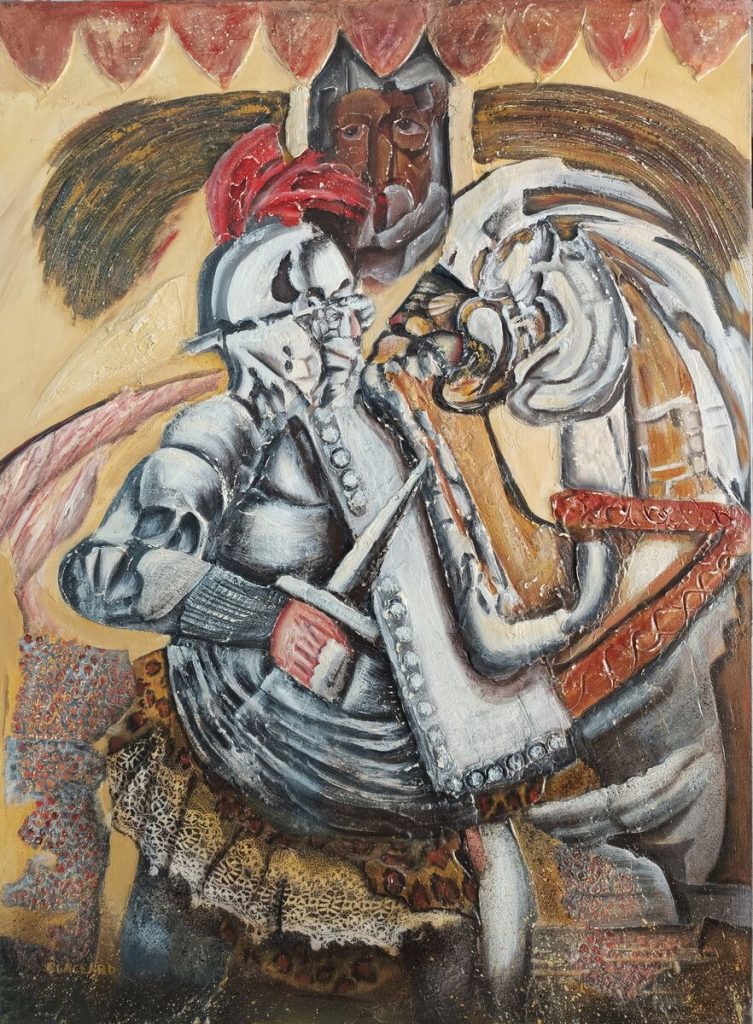 Chevalier contre la Bête — Peinture acrylique et mixte sur toile, À préciser, œuvre de Daniel Blaclard (BLACDAN)