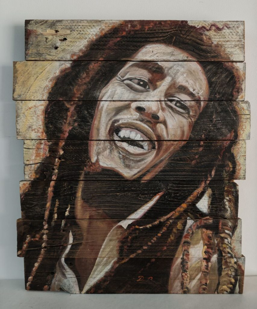 Bob Marley — Peinture acrylique sur planches de palettes, À préciser, œuvre de Daniel Blaclard (BLACDAN)