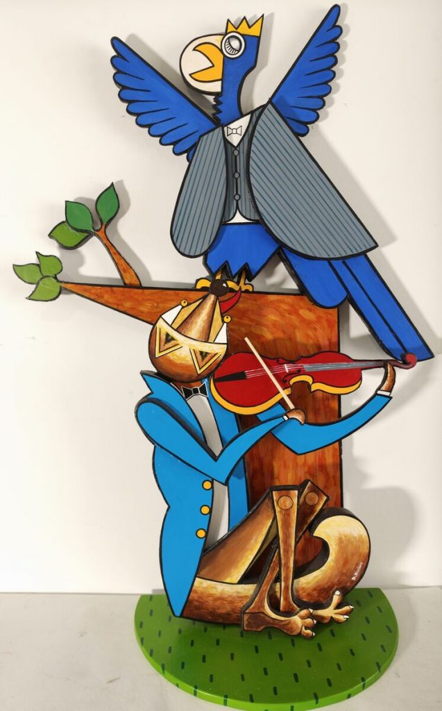Le Corbeau et le Renard (Grande Sculpture) — Bois découpé, assemblé, peinture acrylique, À préciser, œuvre de Daniel Blaclard (BLACDAN)
