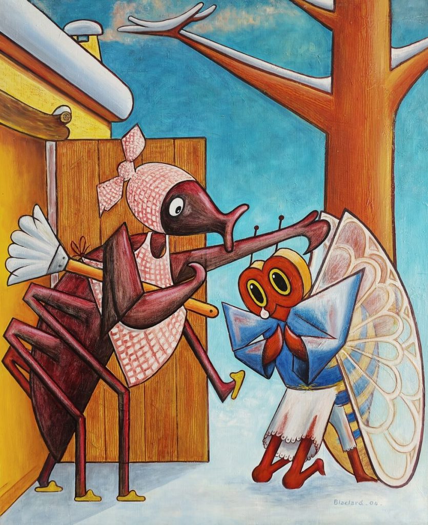 La cigale et la fourmi — Huile sur toile, 1m x 0.75m, œuvre de Daniel Blaclard (BLACDAN)