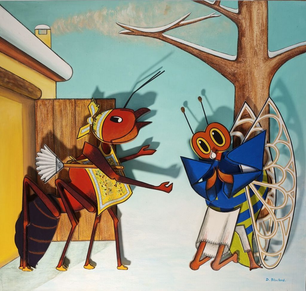 La Cigale Et La Fourmi — Sculpture en bois découpé et assemblé fixé sur toile marouflée sur bois. Peinture acrylique, œuvre de Daniel Blaclard (BLACDAN)