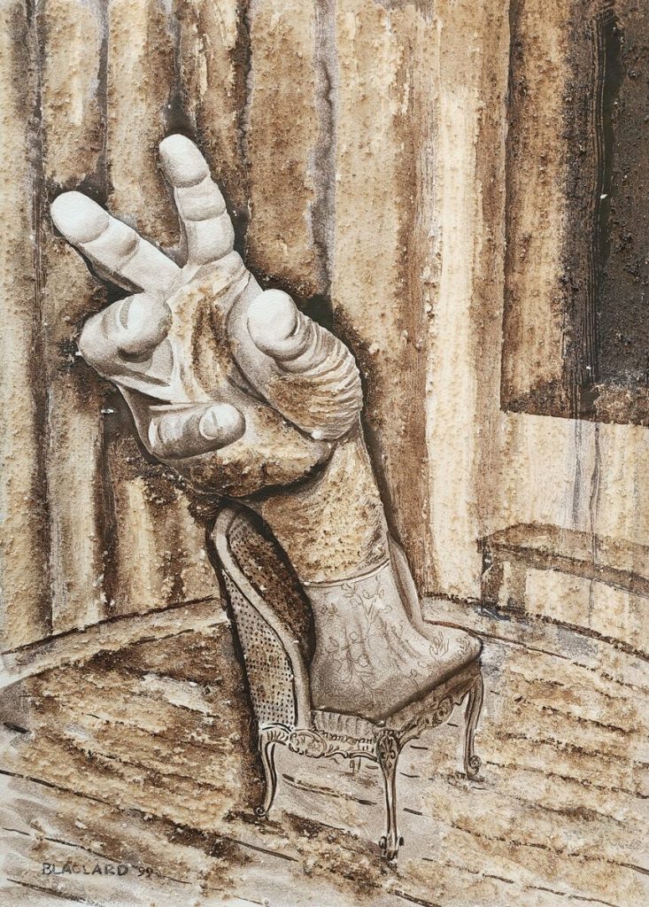 La Main — Peinture acrylique et encre + sable sur papier, 62cm x 46cm, œuvre de Daniel Blaclard (BLACDAN)