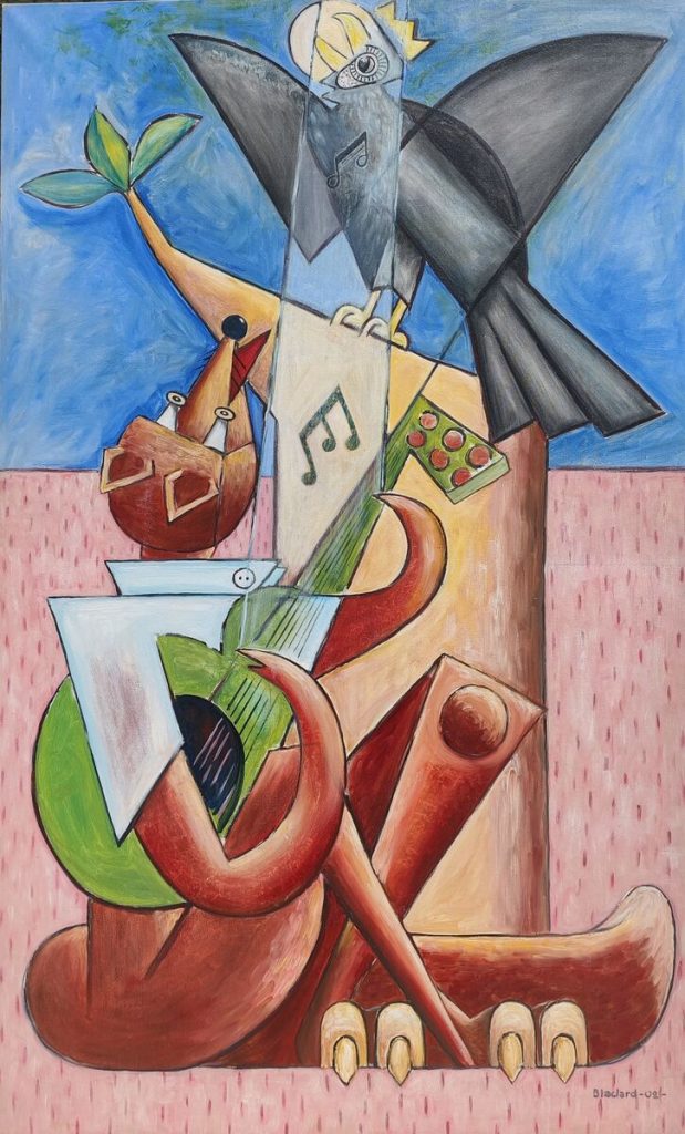 Le corbeau et le renard herbe rose — Huile sur toile, 1m 46 x 0.89m, œuvre de Daniel Blaclard (BLACDAN)