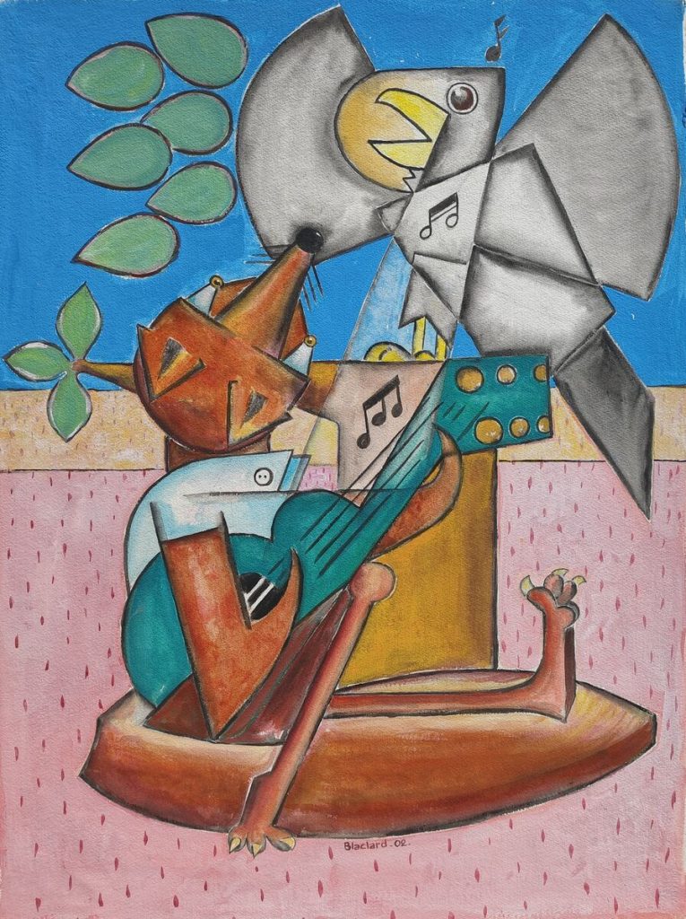 LE CORBEAU ET LE RENARD au pré rose — Peinture acrylique sur papier, 0.76 x 0.57 cm, œuvre de Daniel Blaclard (BLACDAN)