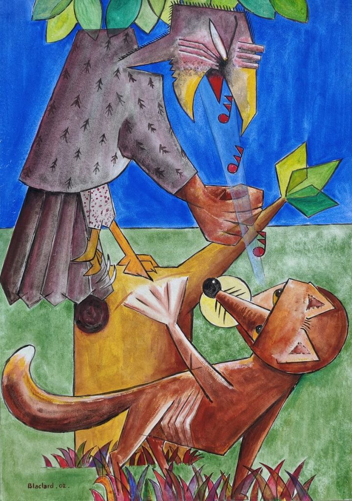 Le corbeau et le renard bye-bye — Peinture acrylique sur papier, 73 x 51.5 cm, œuvre de Daniel Blaclard (BLACDAN)