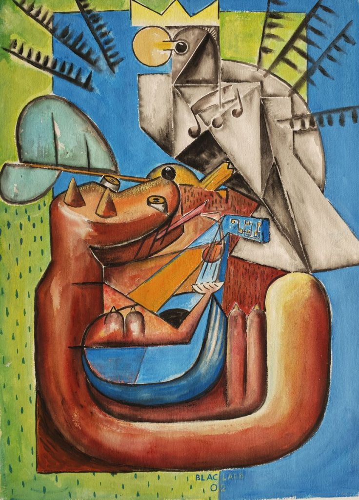 Le corbeau et le renard cubiste — Peinture acrylique sur papier, 76cm x 56cm, œuvre de Daniel Blaclard (BLACDAN)
