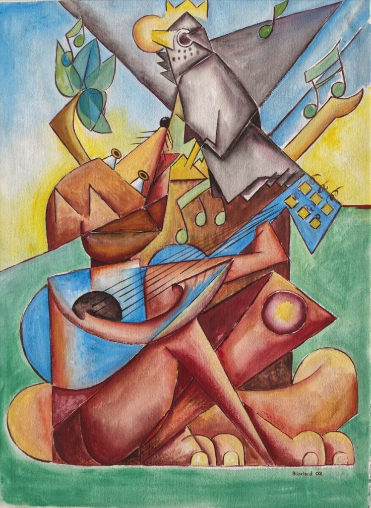 Le corbeau et le renard guitare bleue — Acrylique sur papier, 77 cm x 56,5 cm, œuvre de Daniel Blaclard (BLACDAN)