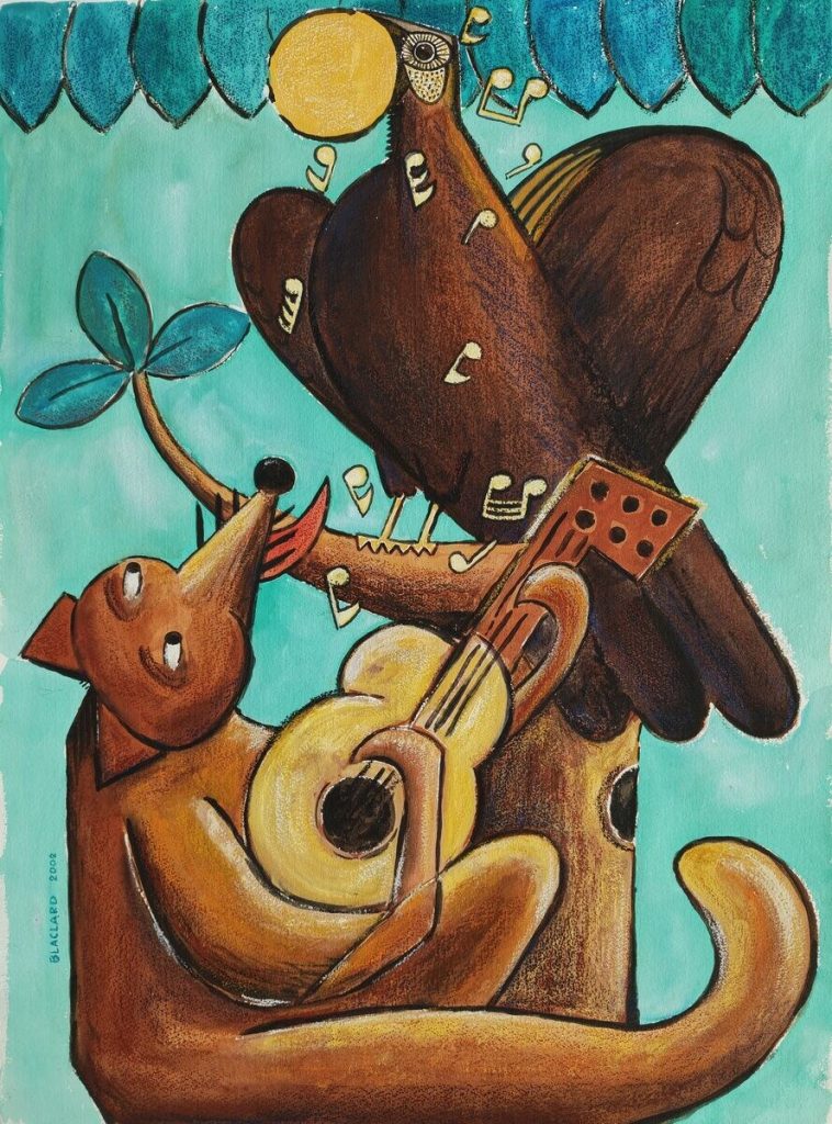 Le corbeau et le renard  guitare jaune — Acrylique sur papier, 77 cm x 55 cm, œuvre de Daniel Blaclard (BLACDAN)