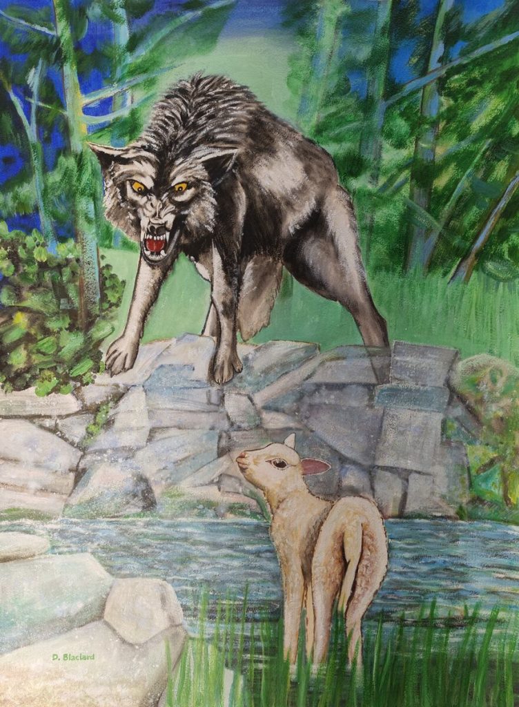 Le loup et l&rsquo;agneau — Acrylique sur papier, 77cm x 56.5cm, œuvre de Daniel Blaclard (BLACDAN)