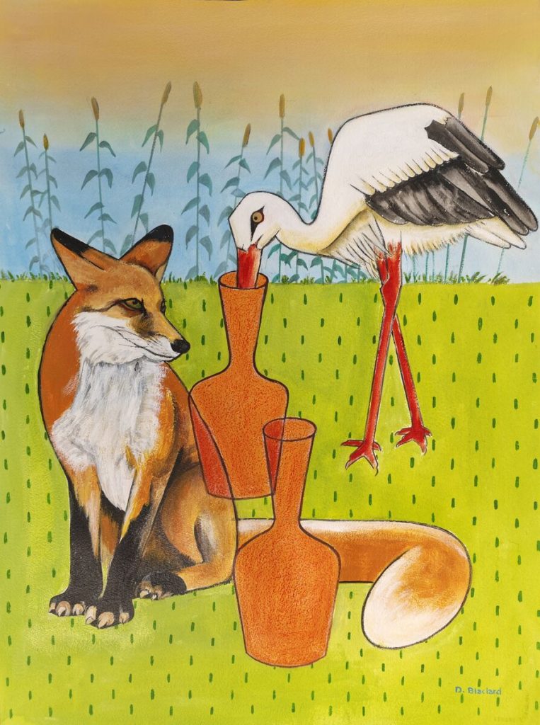 Le renard et la cigogne — Acrylique sur papier, 77cm x 56.5cm, œuvre de Daniel Blaclard (BLACDAN)