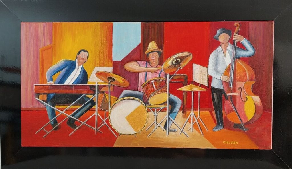 Les 3 musiciens — huile sur toile, 60 cm x 30 cm, œuvre de Daniel Blaclard (BLACDAN)