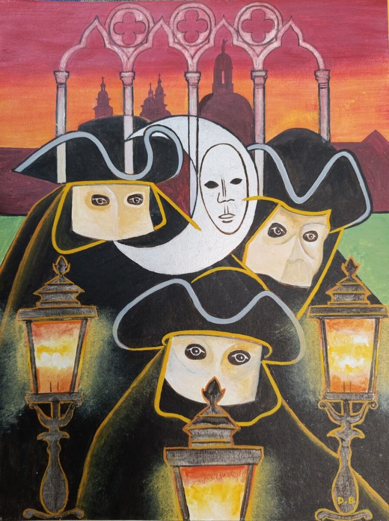Les 3 masques — Peinture acrylique sur papier, 32cm×24cm, œuvre de Daniel Blaclard (BLACDAN)