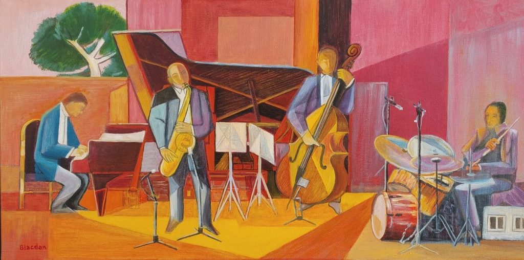 Les 4 Musiciens — Peinture acrylique sur toile, À préciser, œuvre de Daniel Blaclard (BLACDAN)