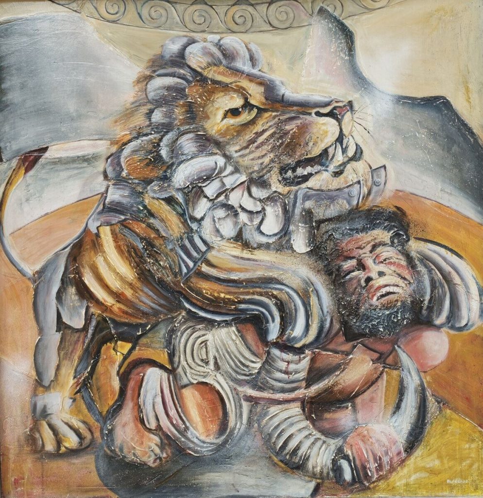 Lion et gladiateur — Acrylique et mixte sur bois, 1m25 x 1m23, œuvre de Daniel Blaclard (BLACDAN)