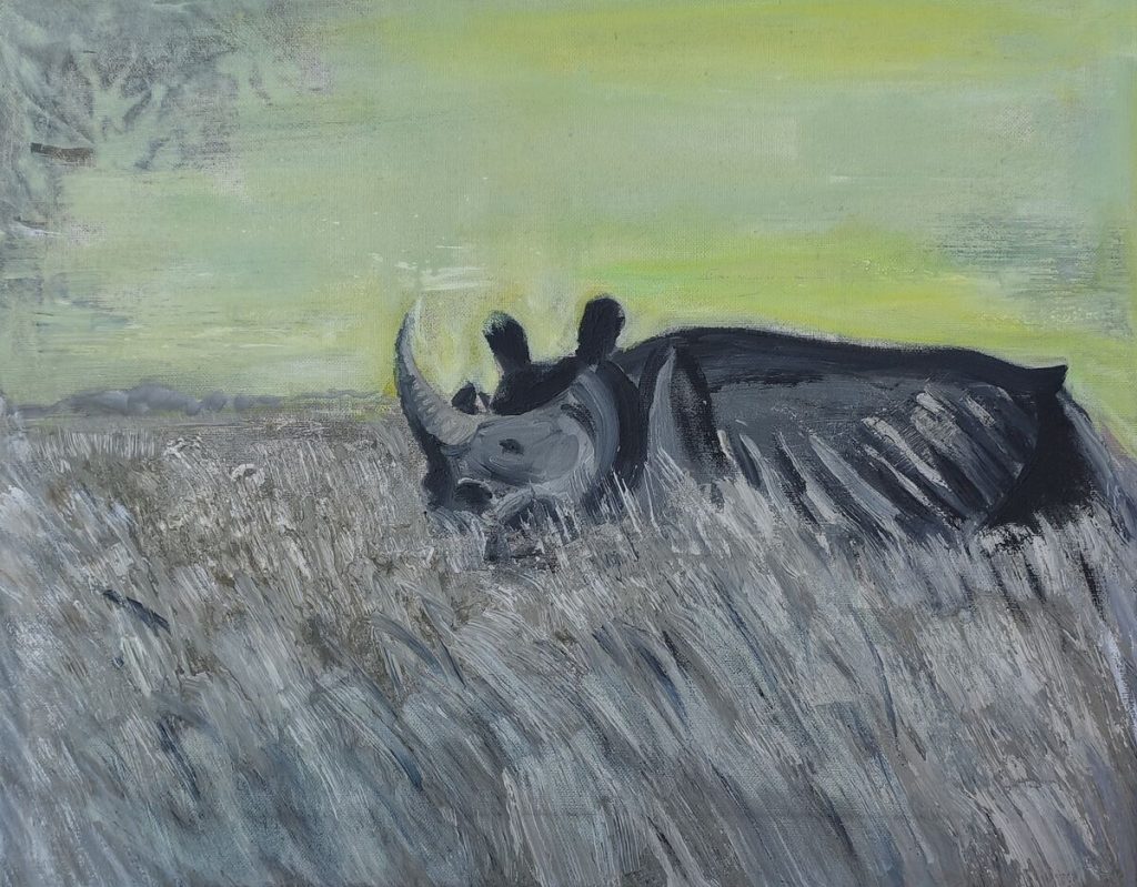 Rhinocéros — Huile sur toile, 40cm × 50cm, œuvre de Daniel Blaclard (BLACDAN)