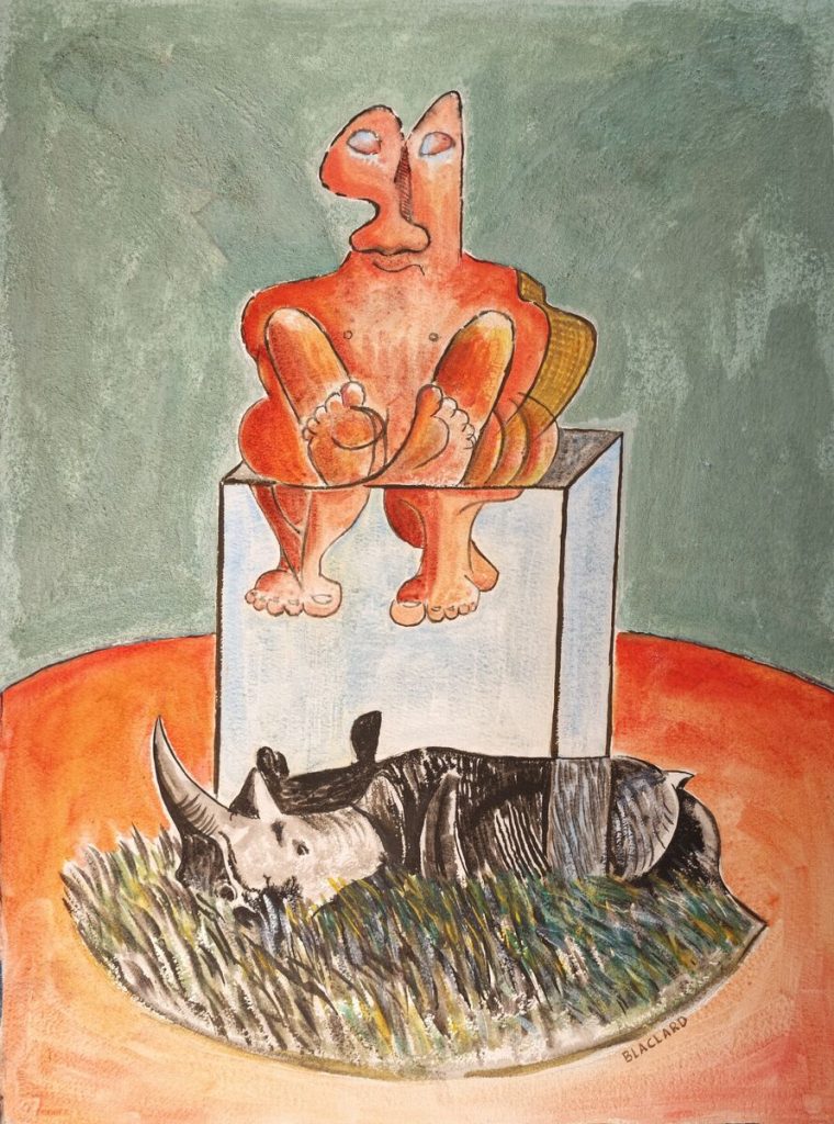 Rhinocéros dans arène rouge — Peinture acrylique et sable sur papier, 77cm x 57cm, œuvre de Daniel Blaclard (BLACDAN)