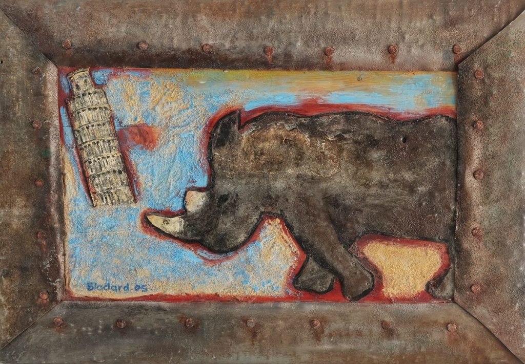 Rhinocéros et tour — Métal et sable fixé sur bois. Peinture acrylique, 56.5 cm x 39.5cm, œuvre de Daniel Blaclard (BLACDAN)